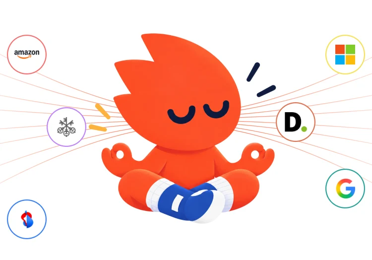 Maskottchen in Meditationspose, umgeben von Logos von Partnerunternehmen