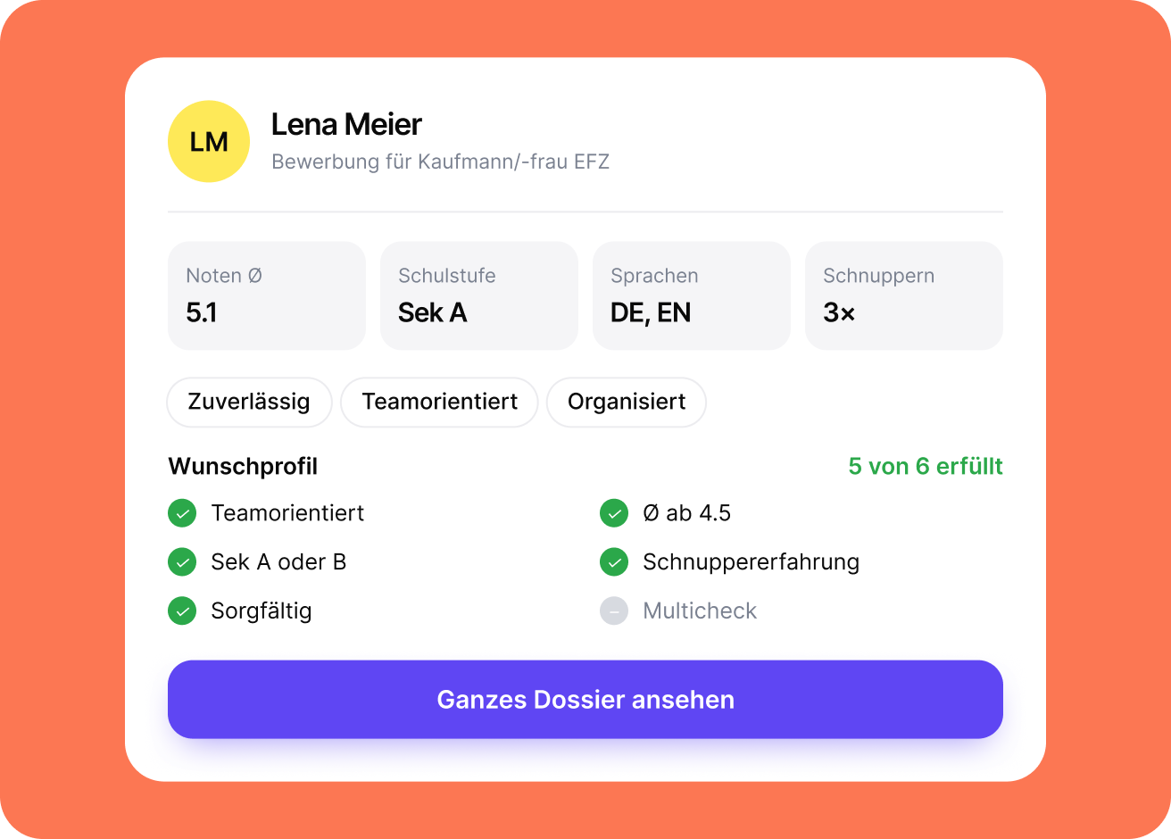 Bewerbung von Lena Meier mit erfüllten Kriterien