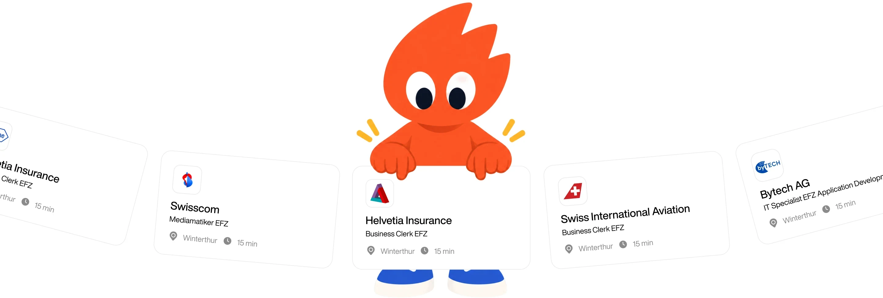 Maskottchen hält eine Lehrstelle von Helvetia Insurance, umgeben von weiteren Lehrstellen